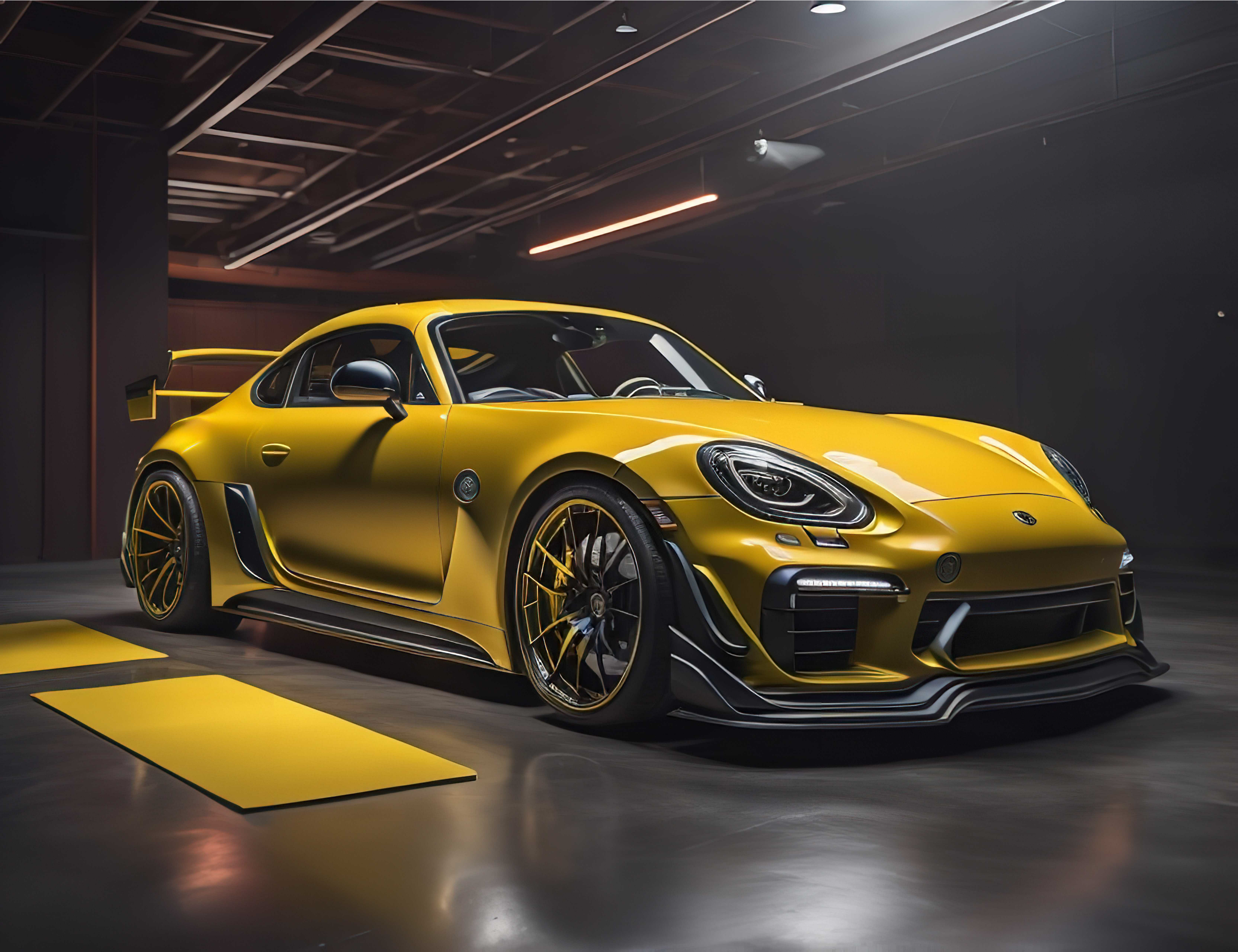 Yellow sports car situated in a dimly lit underground garage