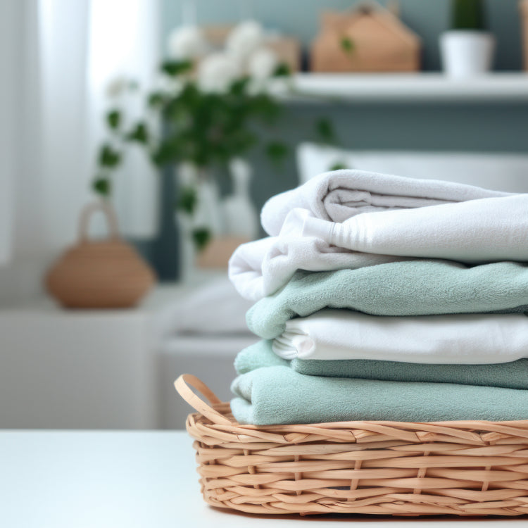 A wicker basket of clean soft towels in