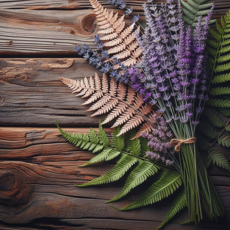 A bunch of lavender resting on a cedar table