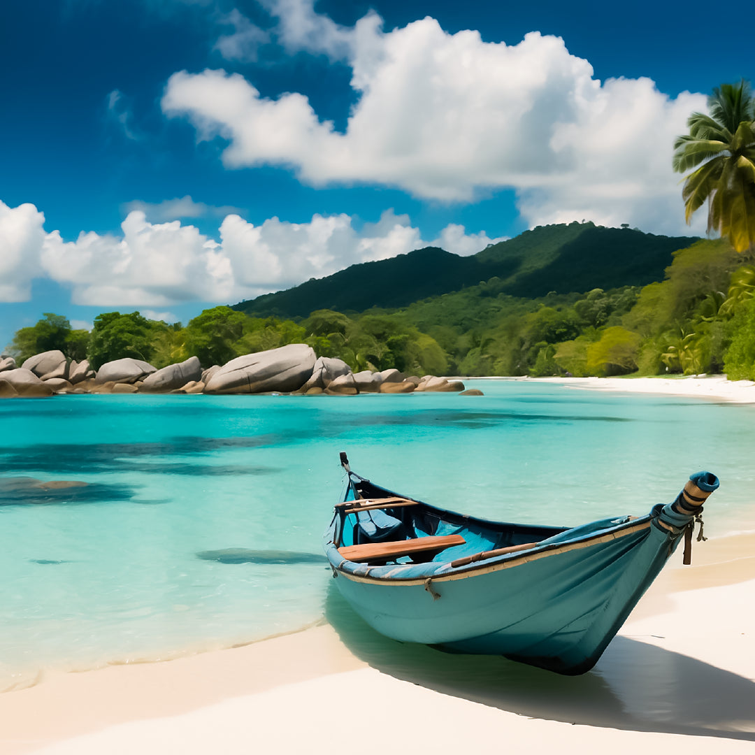 Beautiful holiday beach island setting with ocean, sand, palm trees and clear blue skies and boat of on the beach