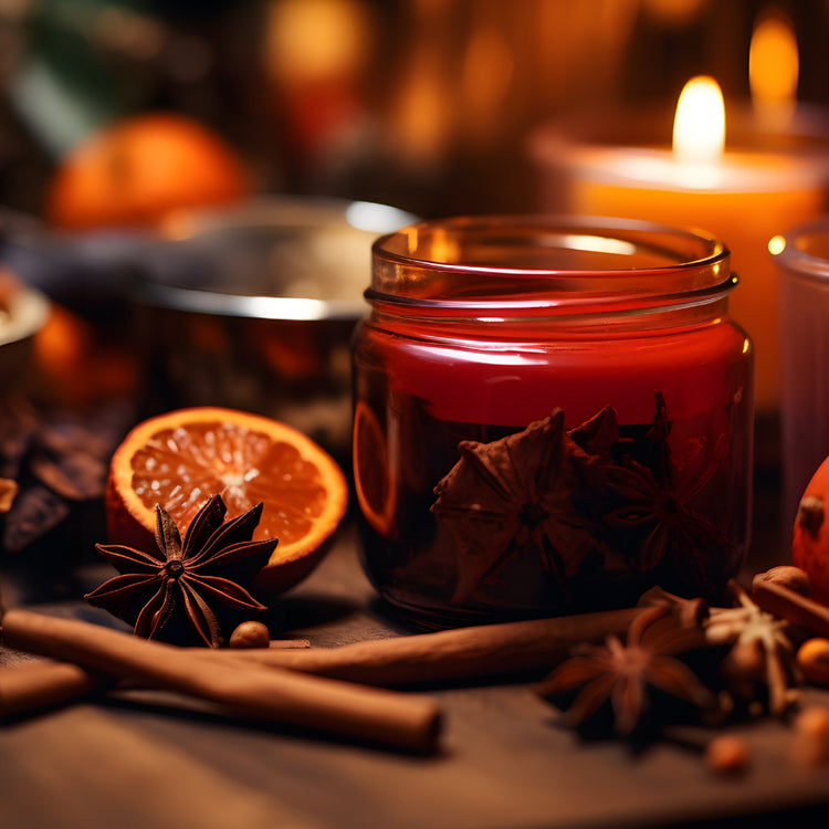 A moody picture of fragrant spices and a candle 