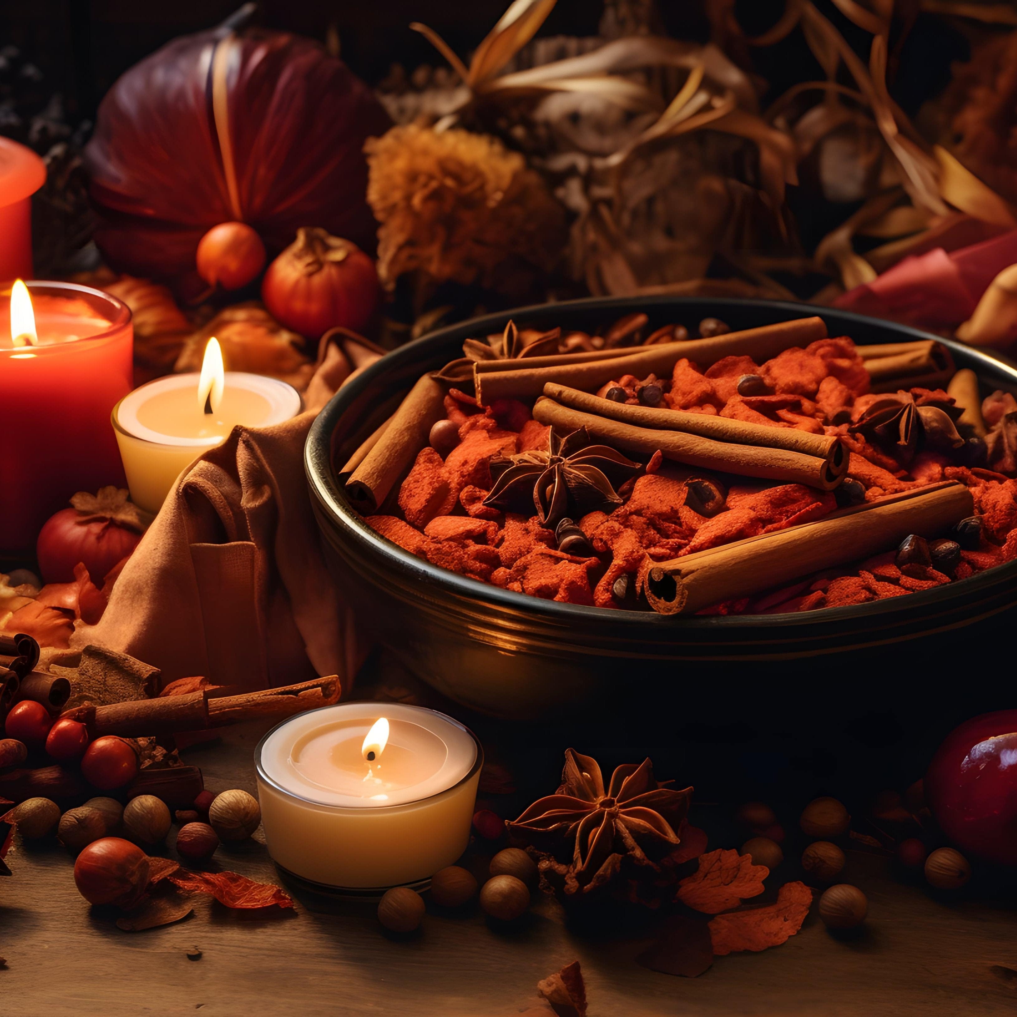 A candle lit selection of dried fruits, cloves and spices