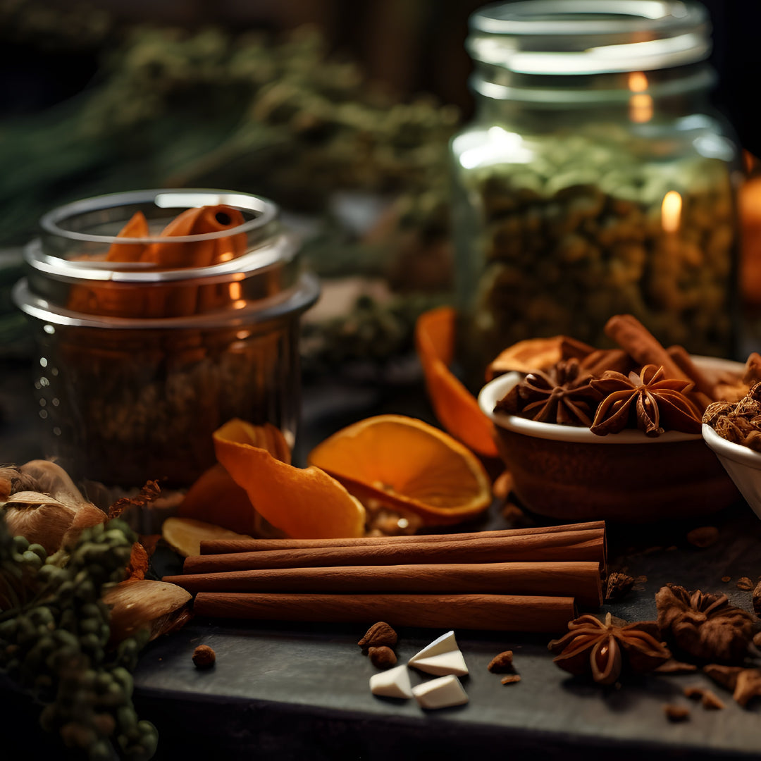 An arrangement of spices including cinnamon, oranges and Star anise